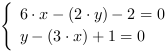 /| 6*x-(2*y)-2 = 0| y-(3*x)+1 = 0