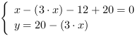 /| x-(3*x)-12+20 = 0| y = 20-(3*x)