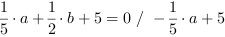 1/5*a+1/2*b+5 = 0 // - 1/5*a+5