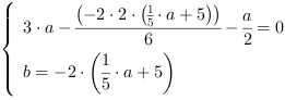 /| 3*a-((-2*2*(1/5*a+5))/6)-(a/2) = 0| b = -2*(1/5*a+5)