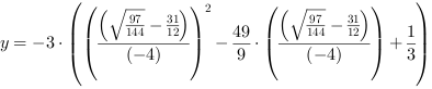 y = -3*((((97/144)^(1/2)-31/12)/(-4))^2-49/9*(((97/144)^(1/2)-31/12)/(-4))+1/3)