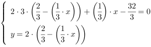 /| 2*3*(2/3-(1/3*x))+(1/3)*x-(32/3) = 0| y = 2*(2/3-(1/3*x))