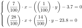 /| (7/100)*x-((1/100)*y)-3.7 = 0| (28/100)*x+(14/100)*y-23.8 = 0