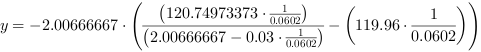 y = -2.00666667*((120.74973373*0.0602^-1)/(2.00666667-0.03*0.0602^-1)-(119.96*0.0602^-1))